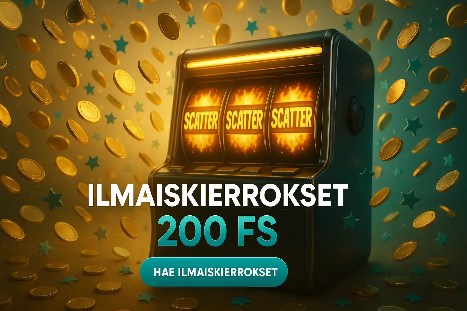 Fotorealistinen suomalainen kasinobanneri, hehkuva kolikkoryöppy ja 200 ilmaiskierrosta