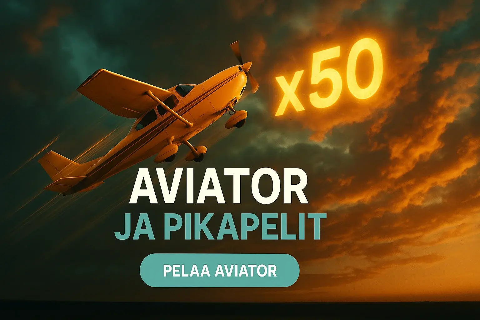 Fotorealistinen Aviator-kasinobanneri, pieni lentokone ja hehkuva x50-kerroin