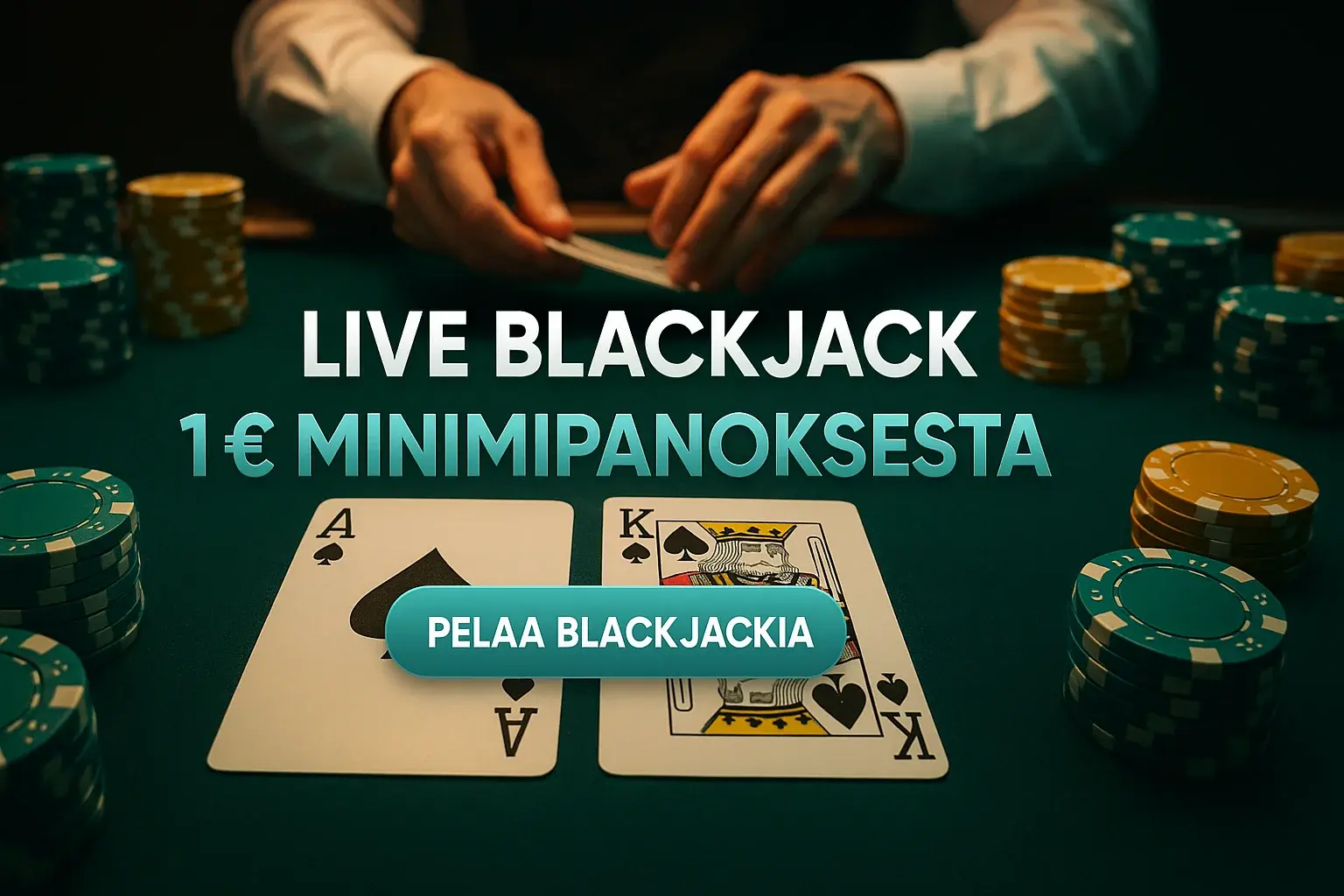 Fotorealistinen live blackjack -pöytä, ässä ja kuningas, pelimerkit ja CTA