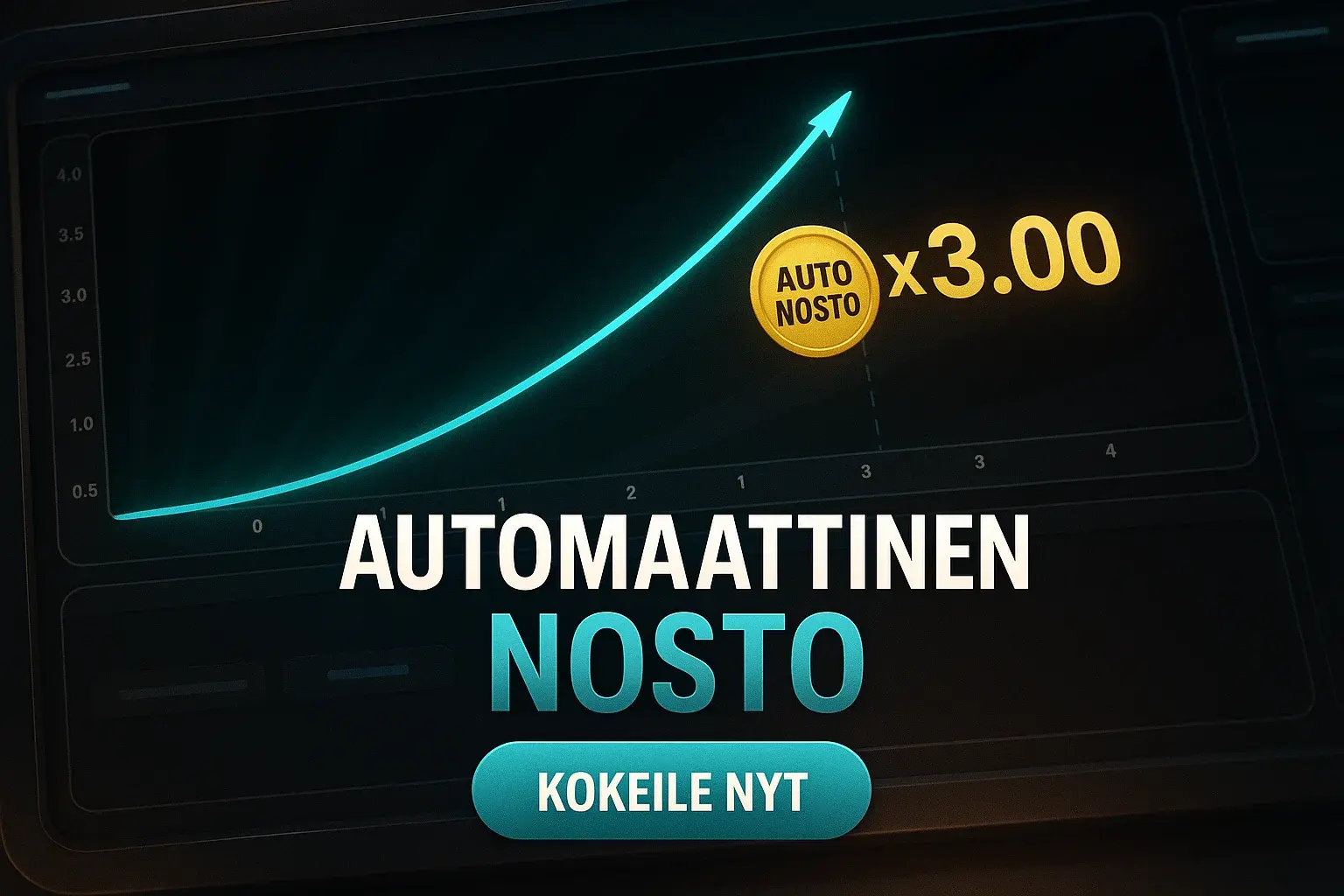 Fotorealistinen suomalainen kasinobanneri, Aviator-käyrä ja automaattinen nosto x3.00