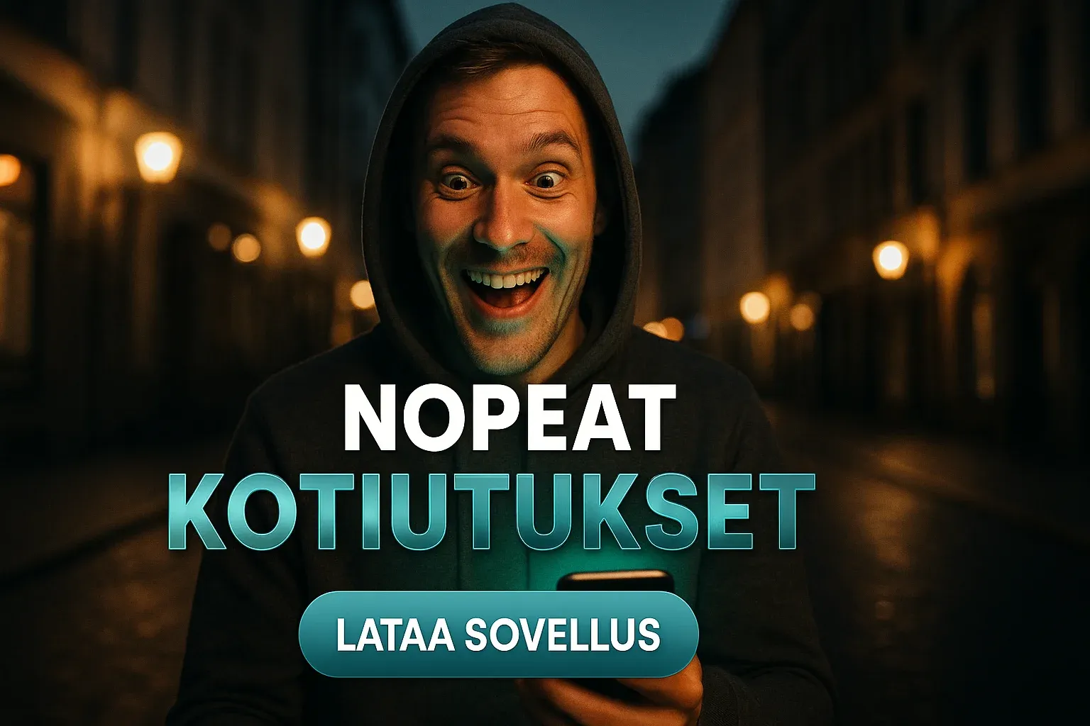 Suomalainen mies hupparissa kasinomainosbannerissa, puhelin hehkuu ja teksti näkyy