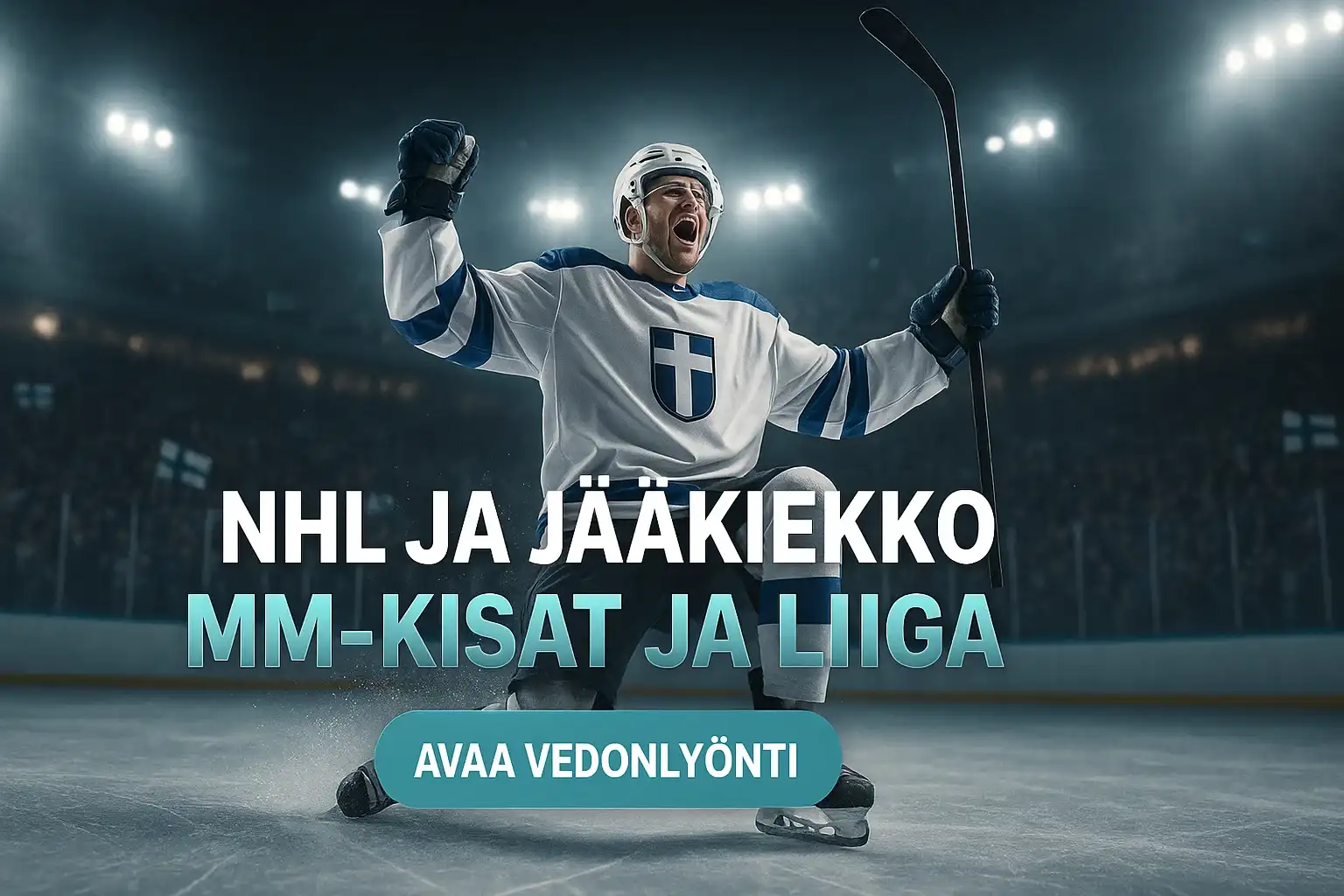 Suomalainen jääkiekkoilija juhlii maalia, vedonlyöntibanneri MM-kisat ja liiga